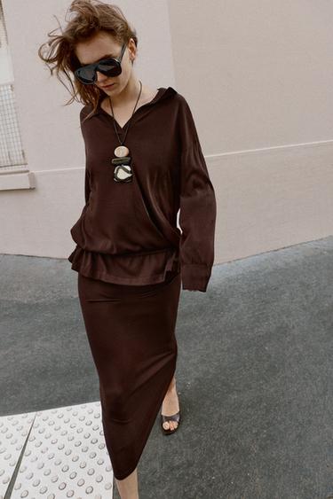 FLOWING KNIT PENCIL SKIRT - Chocolate by Zara