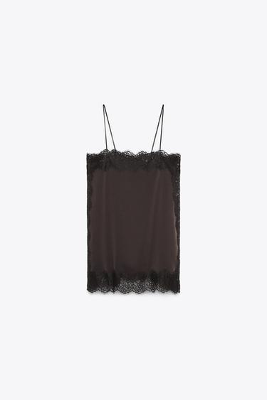 ZW COLLECTION SATIN LACE TOP - Dark brown by Zara