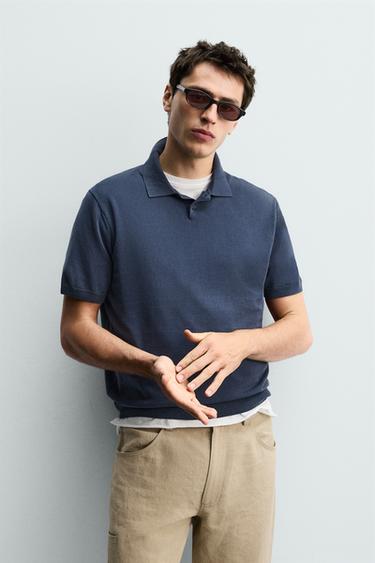 WASHED TEXTURED KNIT POLO SHIRT - Blue / Indigo by Zara