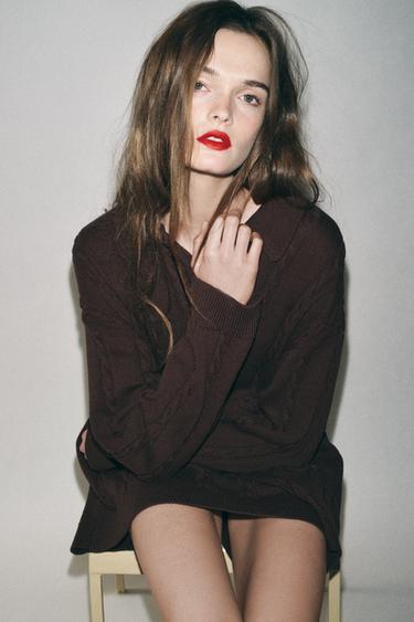 CABLE KNIT POLO SHIRT - Brown by Zara