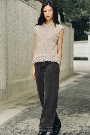 TEXTURED KNIT VEST WITH FRINGES - Ecru by Zara