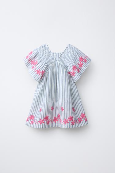 STRIPED DRESS WITH EMBROIDERED FLOWERS - Oyster-white by Zara