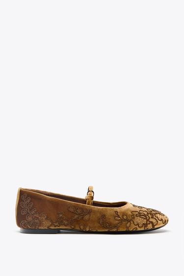 VELVET-EFFECT EMBROIDERED BALLERINAS - Ochre by Zara - Image 0