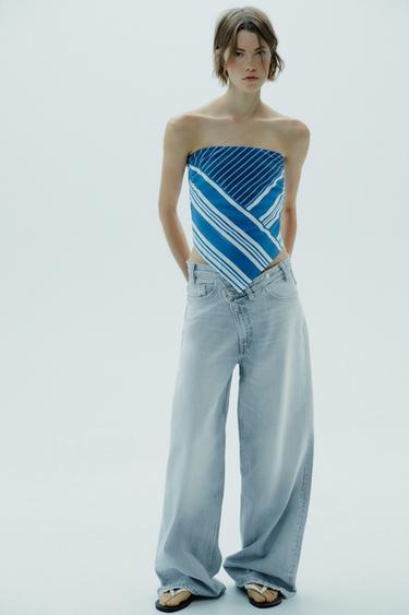 STRIPED LINEN BLEND BANDEAU TOP - Blue/White by Zara - Image 0