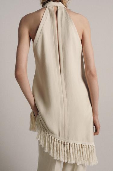 ZW COLLECTION HALTER NECK FRINGED TOP - Mid-ecru by Zara