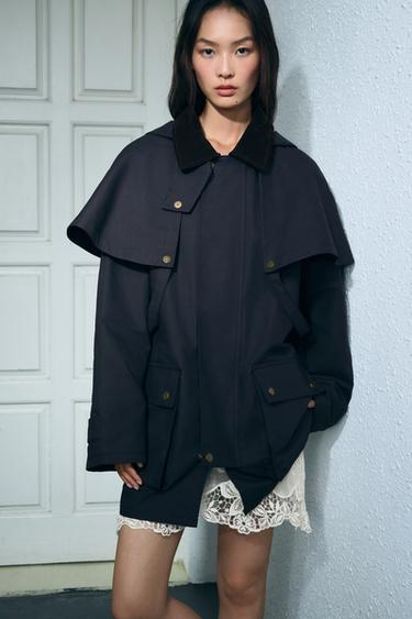 HOODED CONTRAST LAPEL TRENCH COAT ZW COLLECTION - Blue by Zara