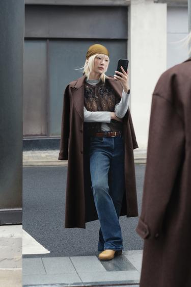 COAT WITH COMBINED LEATHER EFFECT COLLAR - Brown by Zara