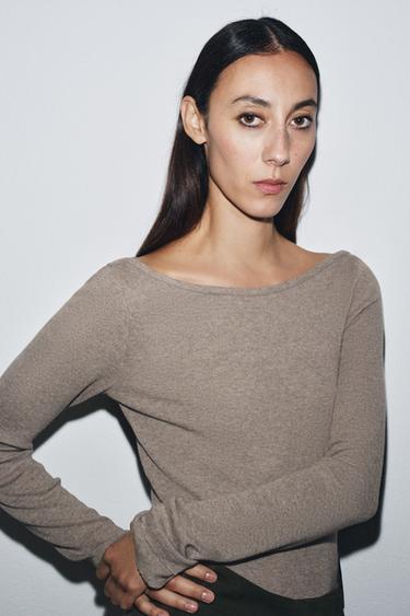 RIB BOAT NECK T-SHIRT - Khaki marl by Zara