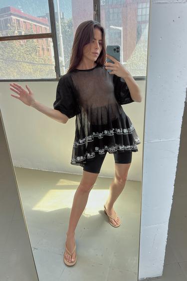 EMBROIDERED FINE KNIT LONG BLOUSE - Black by Zara