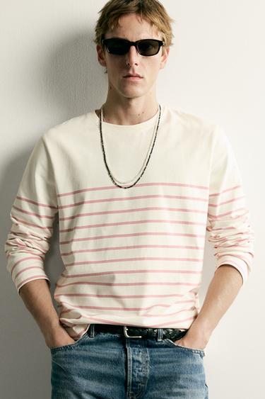RELAXED FIT JACQUARD STRIPED T-SHIRT - Light pink by Zara