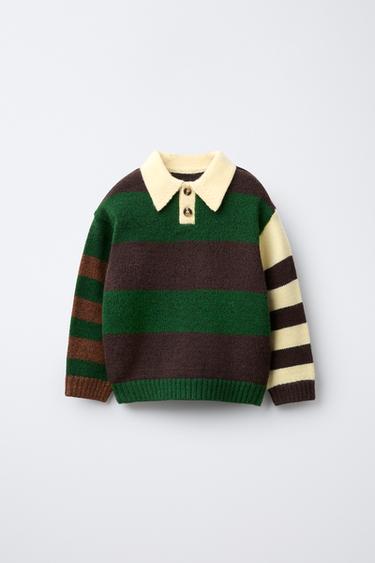 STRIPED KNIT POLO SHIRT - Brown / Green by Zara - Image 0