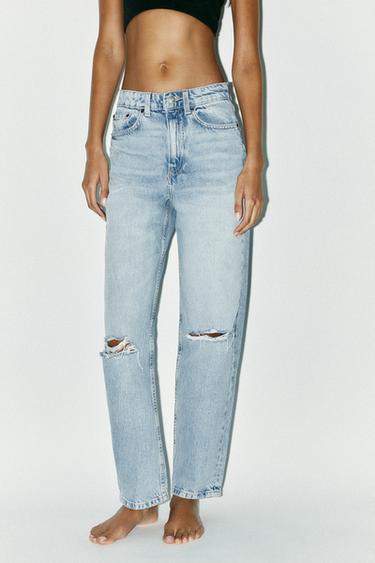 HIGH-WAIST RIPPED MOM FIT JEANS - Light blue by Zara