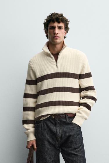 PURL KNIT ZIP-UP JUMPER - Ecru / Brown by Zara