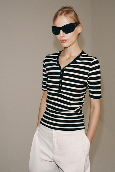 LINEN BLEND BUTTON-UP T-SHIRT - Ecru / Black by Zara