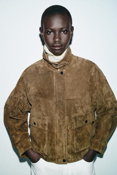 100% LEATHER BOMBER JACKET - Khaki by Zara