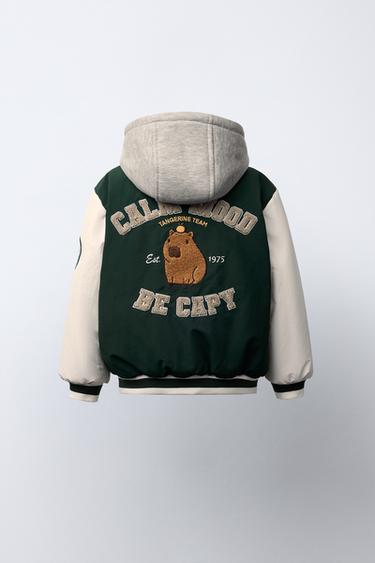 BOMBER JACKET WITH REMOVABLE HOOD AND FLEECE LINING NYLON CAPIBARA CAPYFUN © - Green by Zara