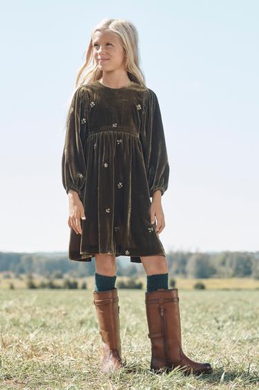 LIMITED EDITION VELVET DRESS WITH EMBROIDERED FLOWERS - Mid-green by Zara