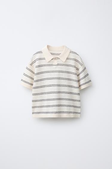 LINEN COTTON KNIT POLO SHIRT - Ecru / Brown by Zara