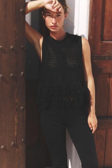 CHECK KNIT TOP WITH FRINGING - Black by Zara - Image 0