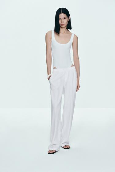 LINEN BLEND STRAIGHT TROUSERS - Oyster-white by Zara