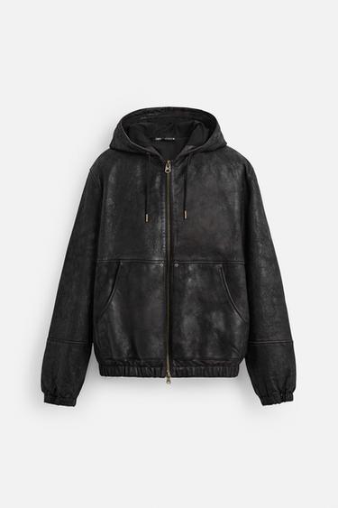 LEATHER HOODED JACKET - Brown by Zara
