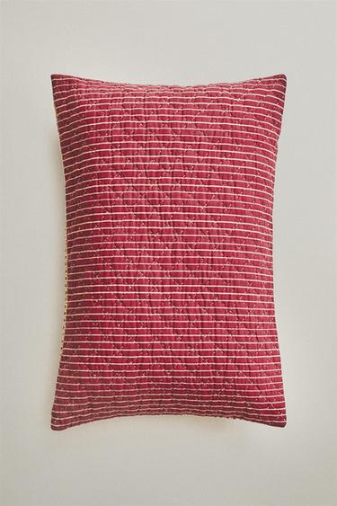 FLORAL AND STRIPED CUSHION COVER | KATHARINE POLE - Ecru / Red by Zara