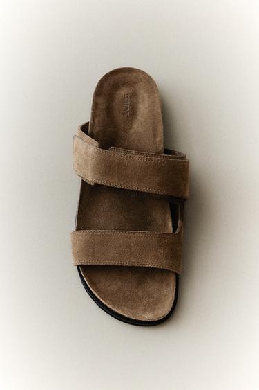 SPLIT LEATHER DOUBLE-STRAP SANDALS - Brown by Zara