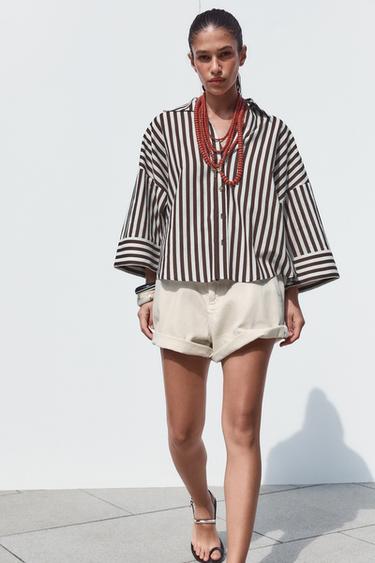 WIDE-SLEEVE LINEN BLEND SHIRT - brown/white by Zara - Image 0