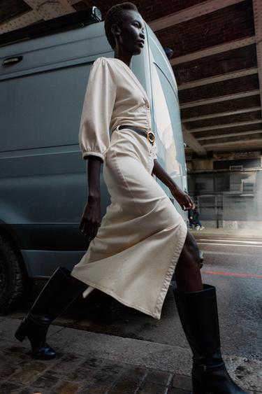 MIDI DRESS WITH PUFF SLEEVES AND BELT - Ecru by Zara - Image 0