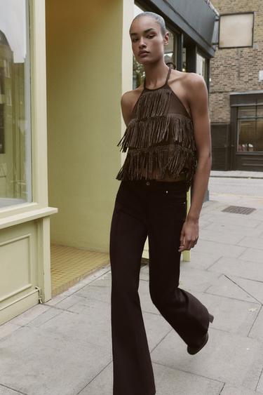 SPARKLY FAUX SUEDE EFFECT FRINGED TOP - Brown by Zara