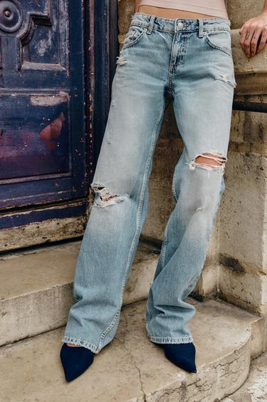 TRF RIPPED LOW-RISE WIDE-LEG JEANS - Blue by Zara