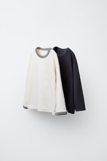 2-PACK OF LONG SLEEVE T-SHIRTS WITH CONTRAST TRIMS - Ecru / Black by Zara