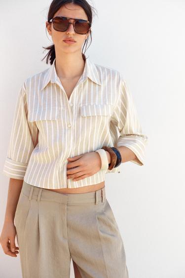 SHORT STRIPED SHIRT WITH METALLIC THREAD - Beige by Zara