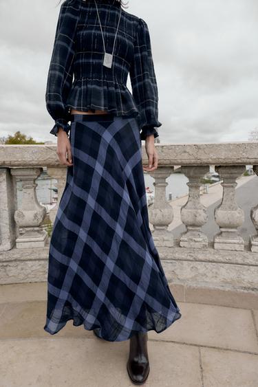 CHECKED MIDI SKIRT - Blue / Navy by Zara
