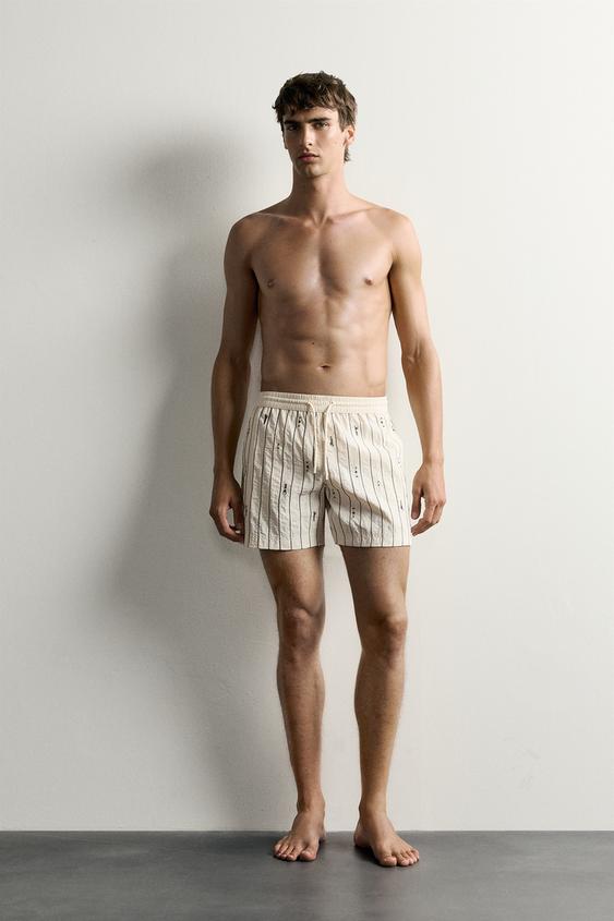 RACERBACK EMBROIDERED STRIPED MID-LENGTH SWIMMING TRUNKS - Ecru by Zara - Image 0