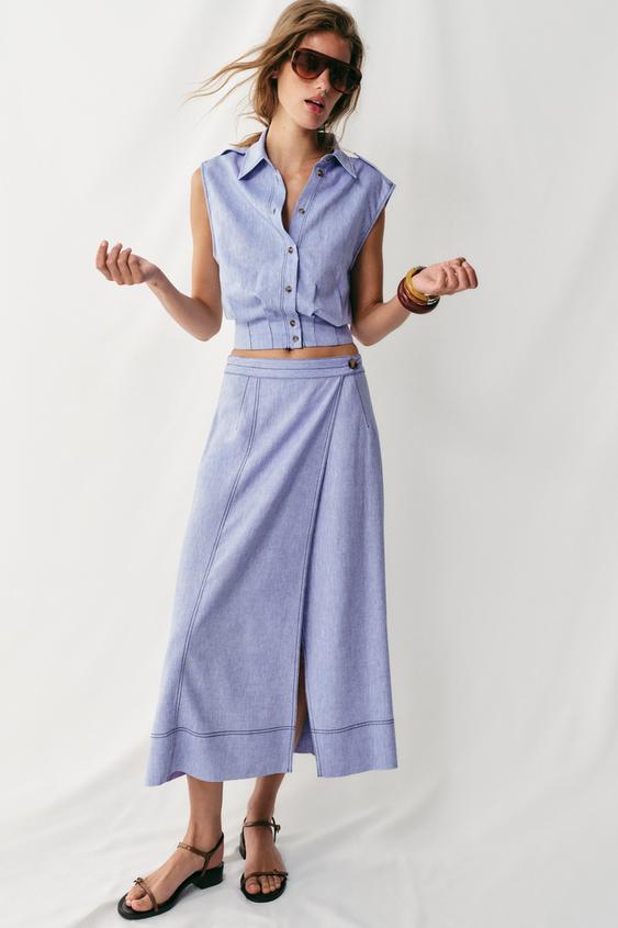 LINEN BLEND TOP WITH TOPSTITCHING - Light blue by Zara - Image 0