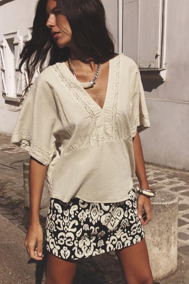 LACE TRIM LINEN BLEND TOP - Sand by Zara