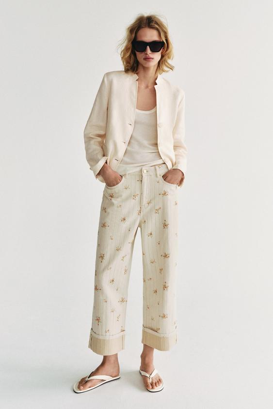 ZW COLLECTION MID-WAIST TAPERED FLORAL JEANS - Beige by Zara - Image 0
