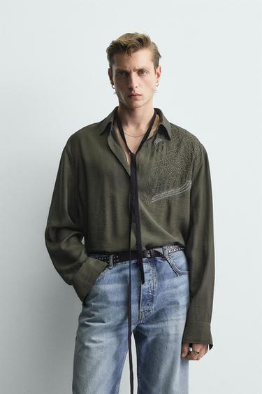 LIMITED EDITION EMBROIDERED SHIRT WITH RHINESTONES - Dark khaki by Zara
