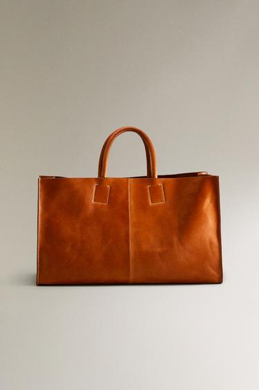 LEATHER TOTE BAG - Brown by Zara
