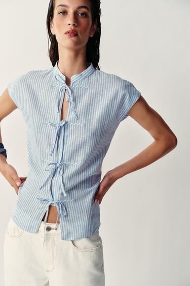 METALLIC THREAD STRIPED BLOUSE WITH BOWS - Blue/White by Zara