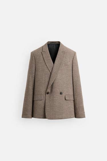 STRIPED TEXTURED SUIT BLAZER - mink brown by Zara