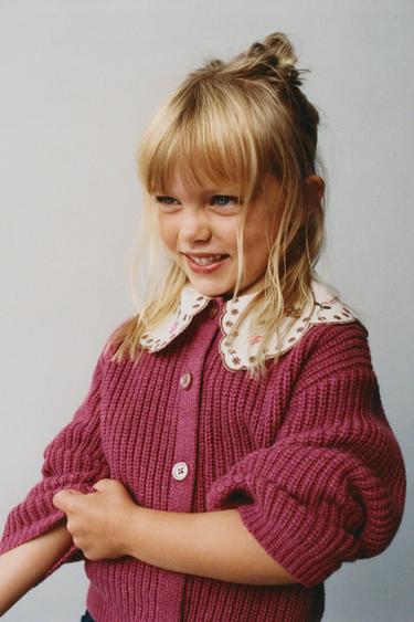 CARDIGAN WITH EMBROIDERED COLLAR - Raspberry by Zara