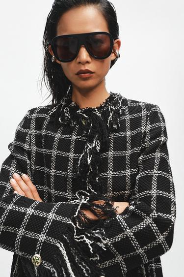 ZW COLLECTION CHECK FRINGED JACKET - Black / White by Zara