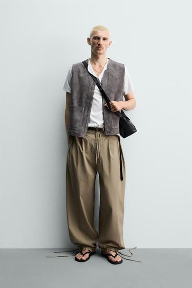 RELAXED FIT SUEDE LEATHER GILET - Grey by Zara
