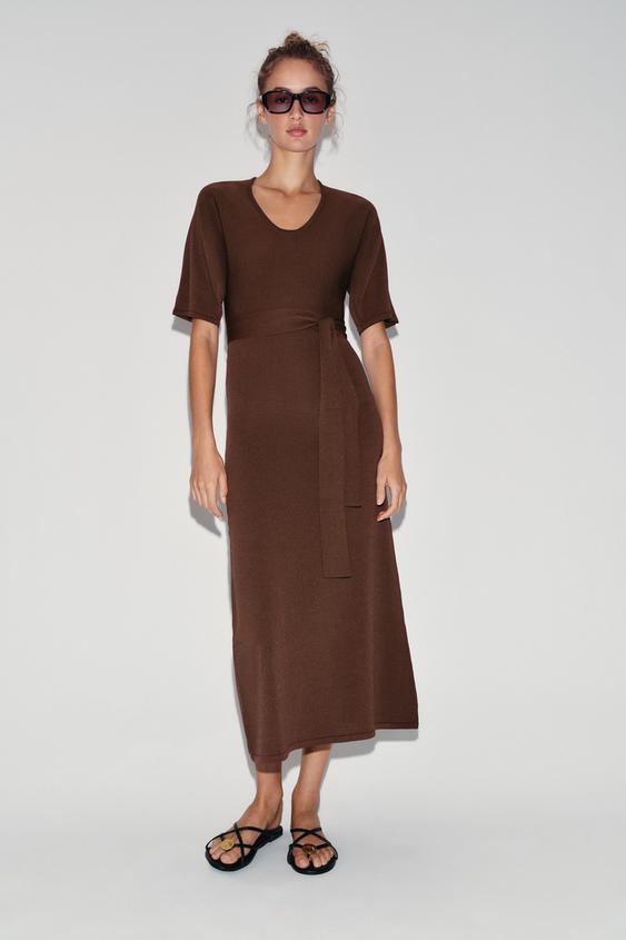 KNIT MIDI DRESS WITH BELT - Brown by Zara - Image 0