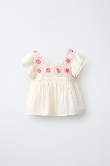 COMBINED KNIT CROCHET TOP - Ecru by Zara