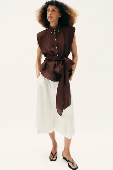 LINEN BLEND SHOULDER PAD TOP WITH BELT - Dark brown by Zara
