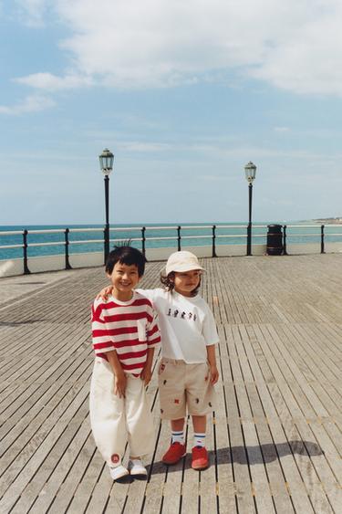 KNIT STRIPED T-SHIRT WITH LIGHTHOUSE EMBROIDERY - Ecru / Red by Zara