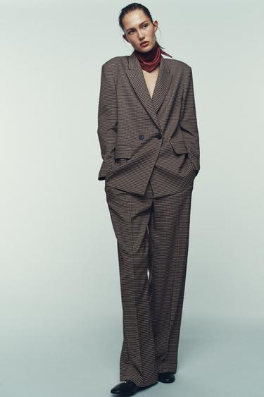 STRAIGHT CHECK TROUSERS WITH BELT - Brown / Ecru by Zara